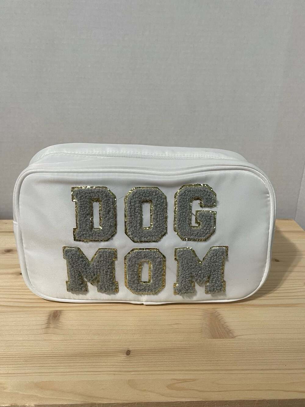 Dog Mom Varsity Patch White Nylon Cosmetic Travel Pouch